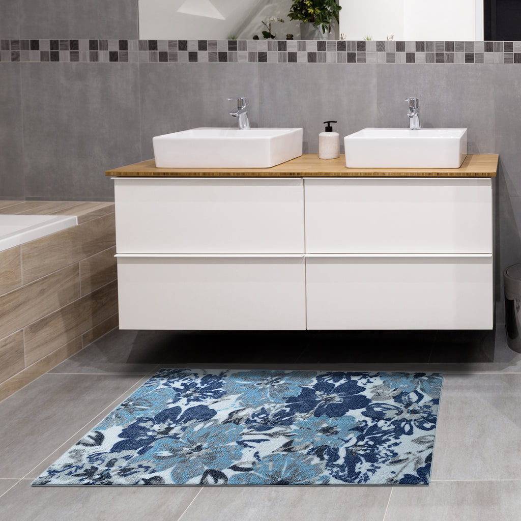 Decorative Kitchen or Bathroom Accent Mat, Machine Washable Floral Blue