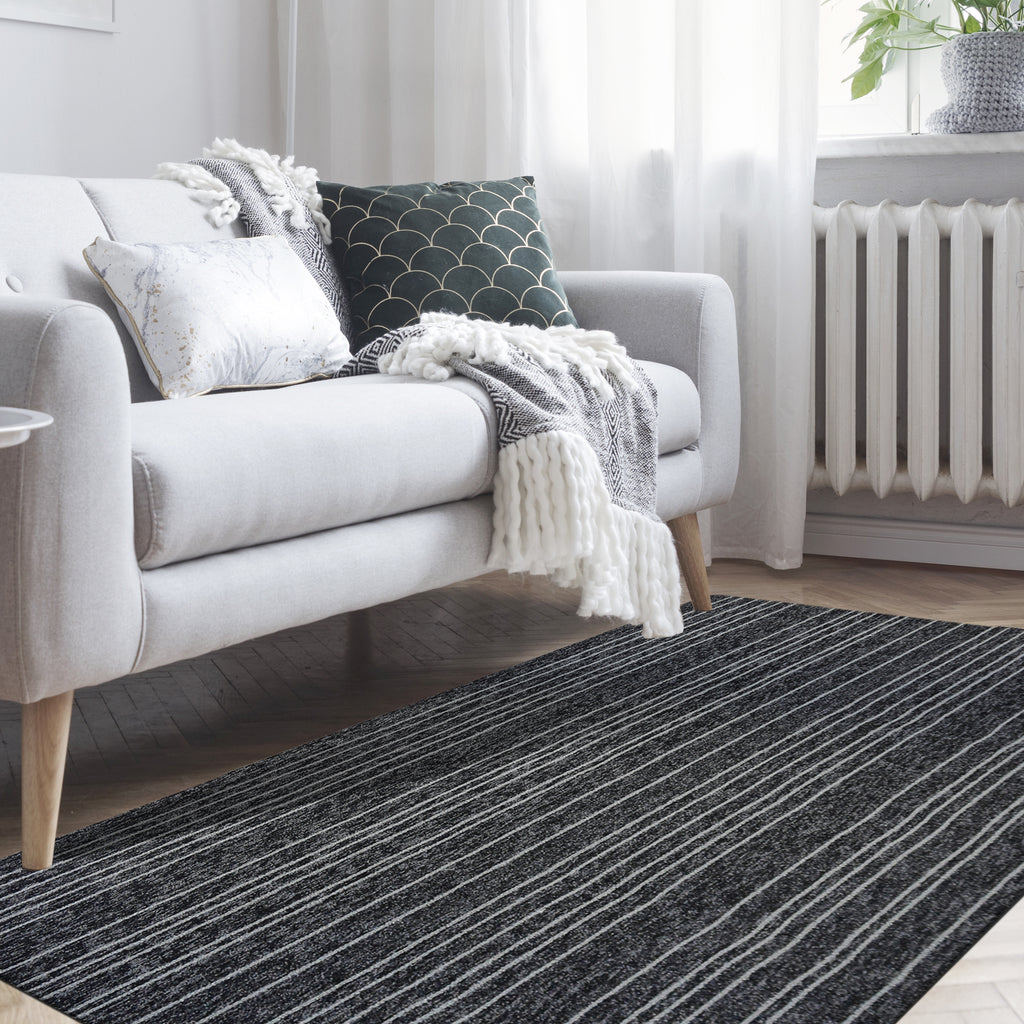 Pinstriped Indoor Multi-Function Anti-Skid Soft Loop Pile Berber Carpet Utility Rug Charcoal
