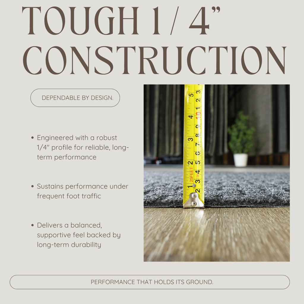 Advertisement for carpet with measurement tape showing heavy duty thickness 1/4 inch, heavy traffic construction quality, and long term durability.