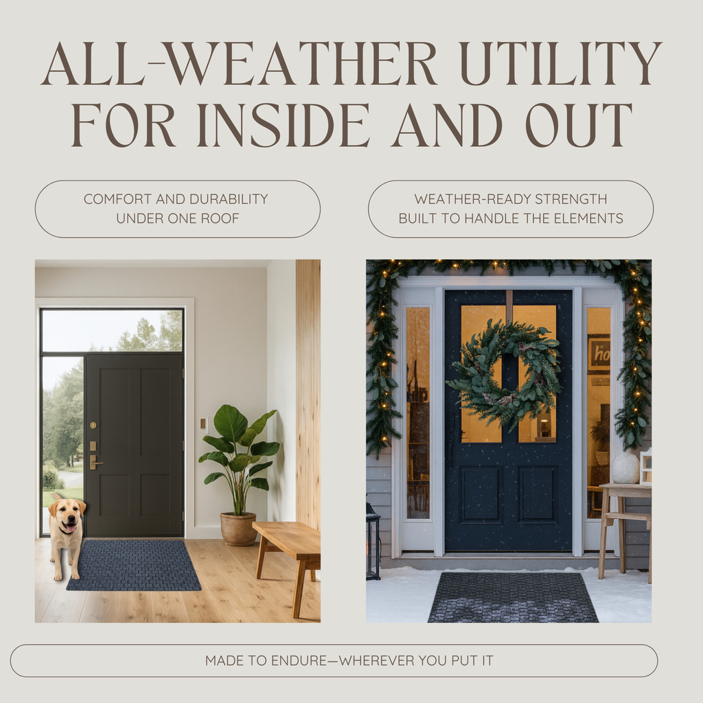 Advertisement for a runner rug with all-weather utility for inside and out featuring two images, one in an outdoor winter setting with snow scraped on rug from boots, and one in a sleek interior entryway

