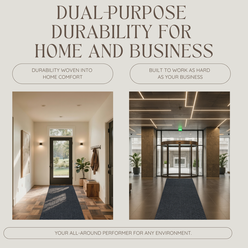 infographic for dual-purpose durability in home and commercial spaces with images of a home interior and office hallway.