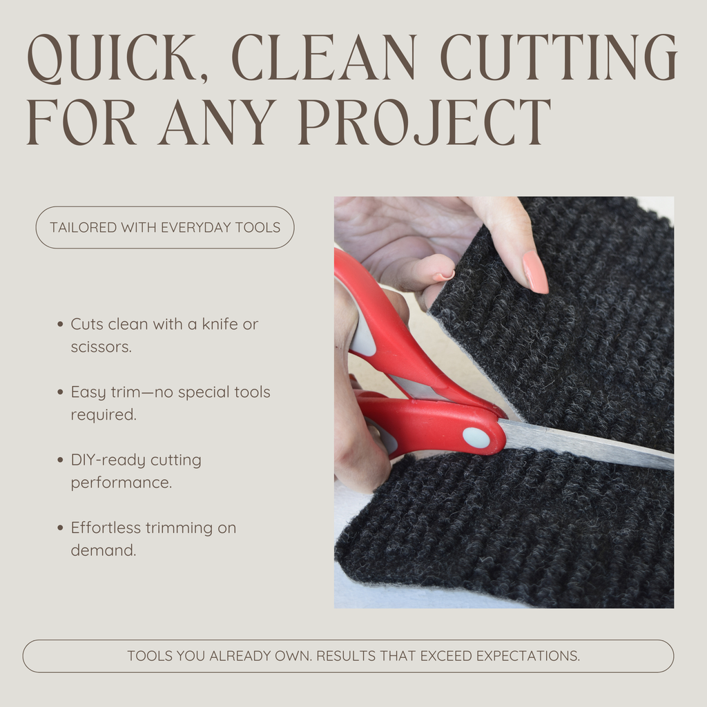 Scissors cutting through rug fabric with text about quick, clean cutting for any project.