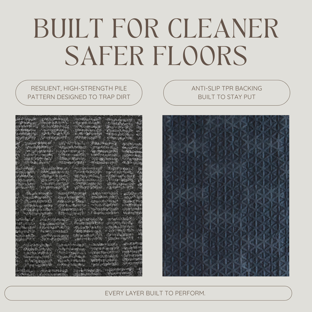 images of textured thermoplastic rubber backing for anti slip grip and checkered pile fiber pattern designed to trap dirt. 