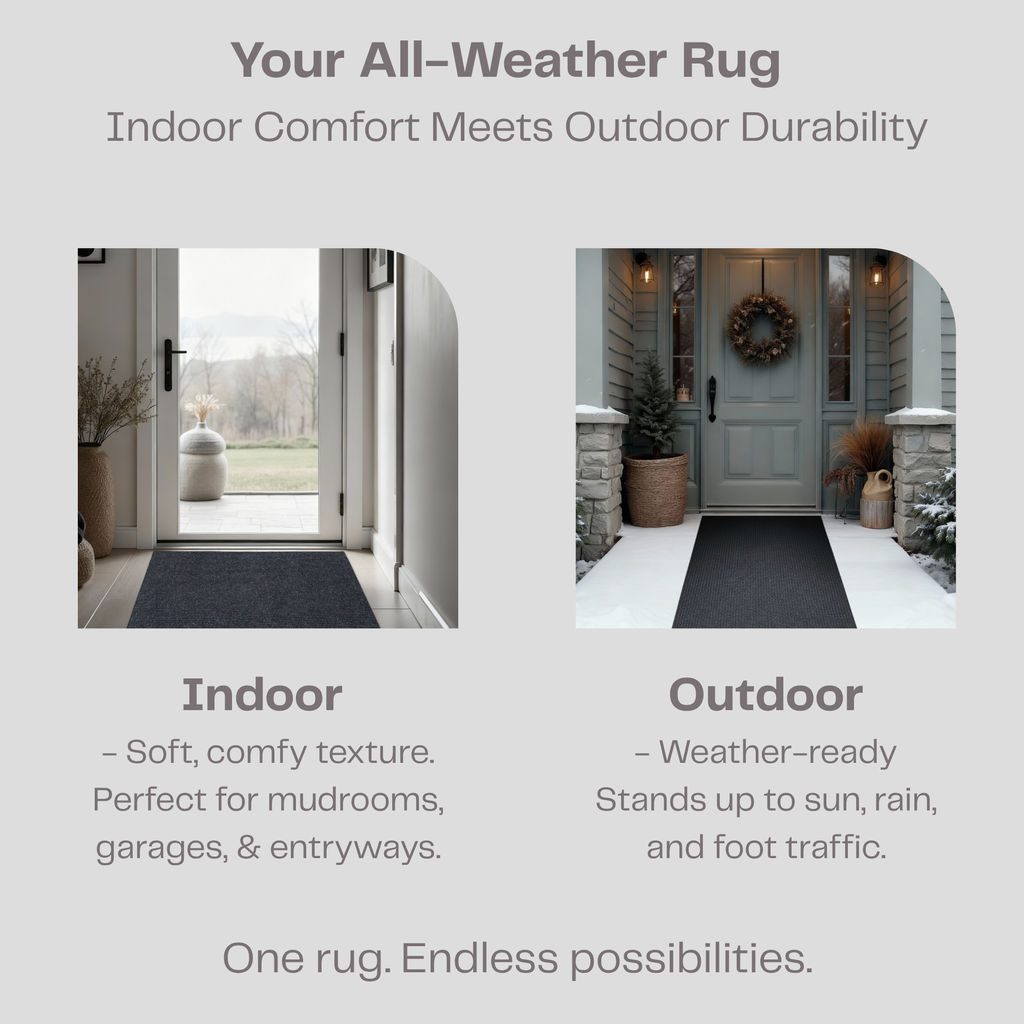 All-weather rug with indoor and outdoor usage, Designed for Canadian Winters while Soft enough to use indoors. Comfy, Practical and Affordable for all Uses. 