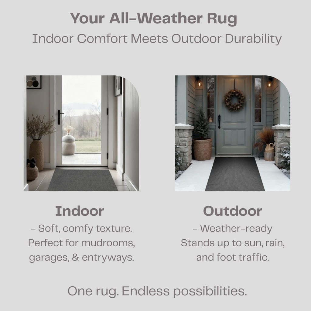 All-weather rug with indoor and outdoor usage, Designed for Canadian Winters while Soft enough to use indoors. Comfy, Practical and Affordable for all Uses. 