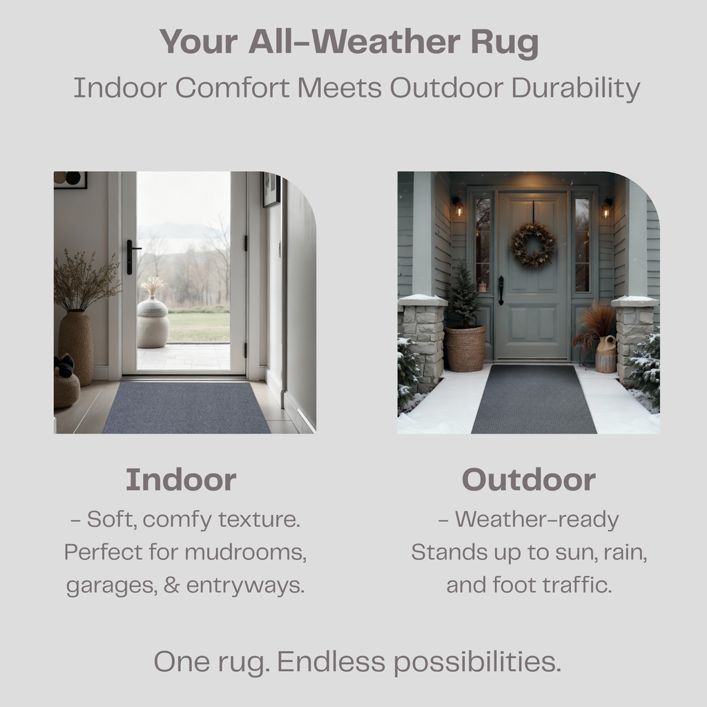 All-weather rug with indoor and outdoor usage, Designed for Canadian Winters while Soft enough to use indoors. Comfy, Practical and Affordable for all Uses. 