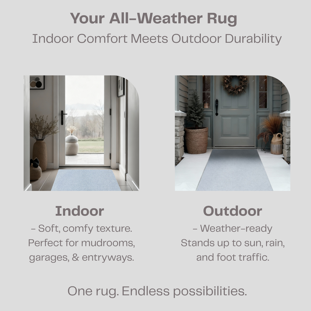 All-weather rug with indoor and outdoor usage, Designed for Canadian Winters while Soft enough to use indoors. Comfy, Practical and Affordable for all Uses. 