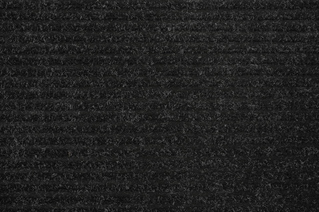 Black Ribbed Utility Carpet Runner with Anti Skid Backing with Light Grey Pile, Recycled Fibers, Ribbed Design Traps Dirt, Easy to Clean