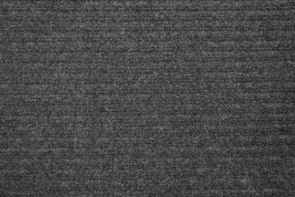 Dark Grey Ribbed Utility Carpet Runner with Anti Skid Backing with Light Grey Pile, Recycled Fibers, Ribbed Design Traps Dirt, Easy to Clean