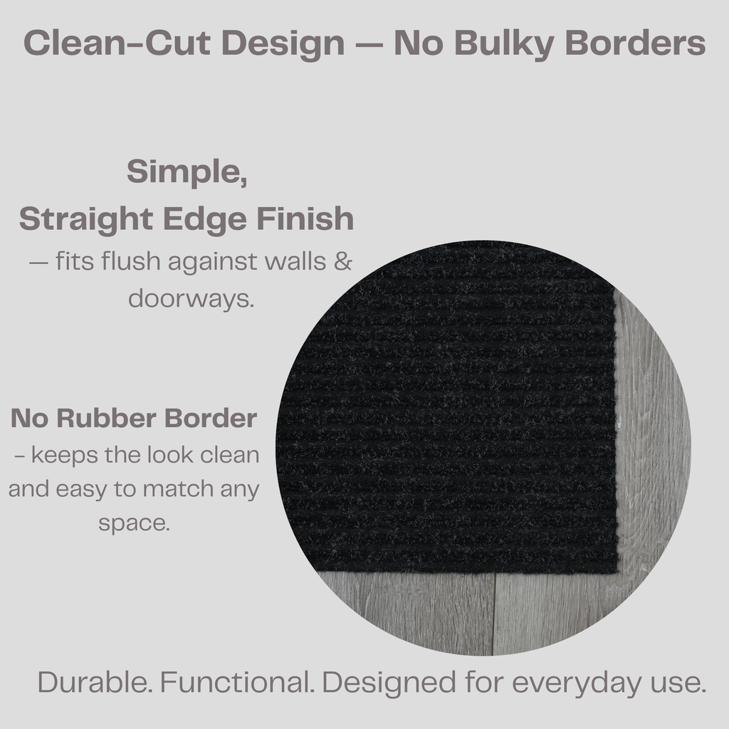Utility Carpet without Boarders, lays flat, anti slip backing, looks clean, easy to vacuum, minimalist decor, clean edges. 