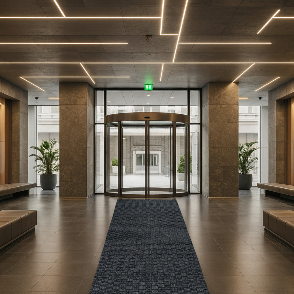 Heavy Duty Utility Runner Rug keeping floors clean in a modern lobby with glass doors and decorative lighting