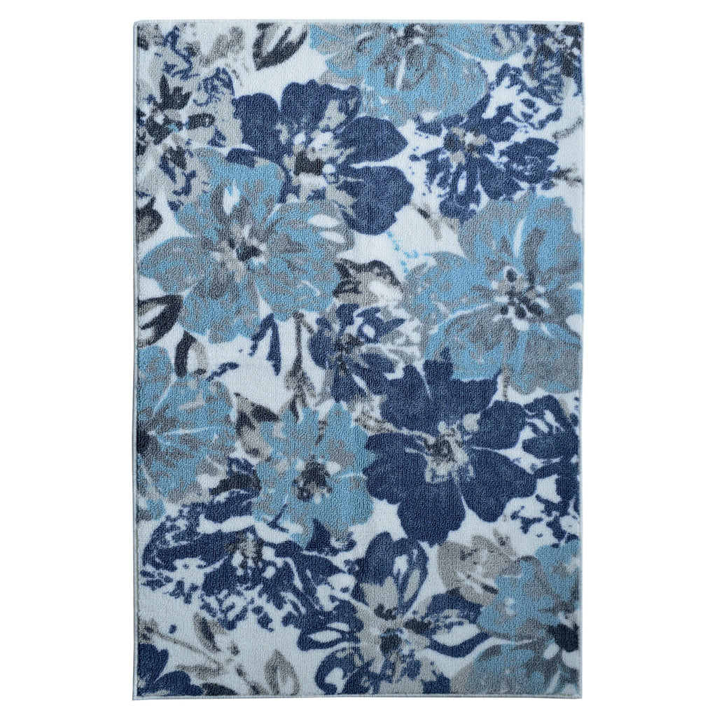 Decorative Kitchen or Bathroom Accent Mat, Machine Washable Floral Blue