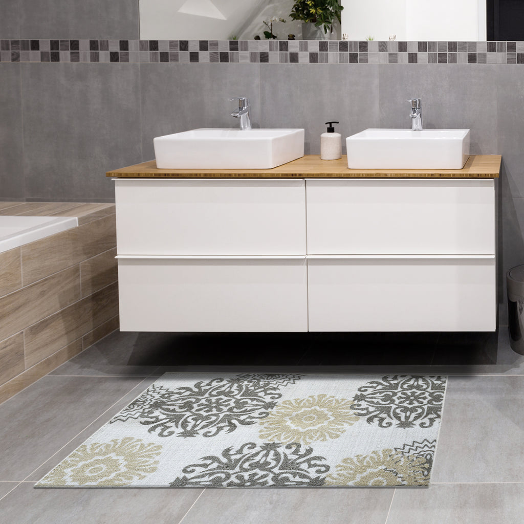 Decorative Kitchen or Bathroom Accent Mat, Machine Washable Taupe Motif